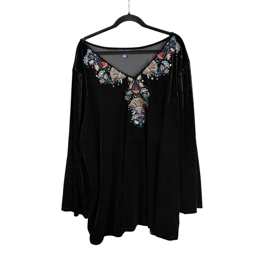 Roamans Black Velvet Embroidered Sequin Tunic Top Plus Size 4X 34/36 Boho V-Neck